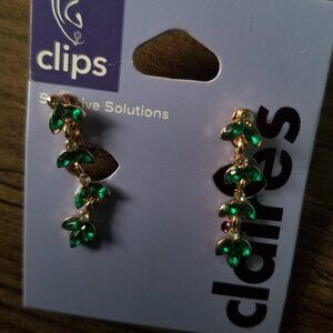 Claire's Clip-on Dangle Earrings - Gold with Green stones